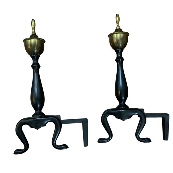 Vintage Federal Style Brass & Black Wrought Iron Andirons Log Holders Pair MCM - Picture 10 of 11